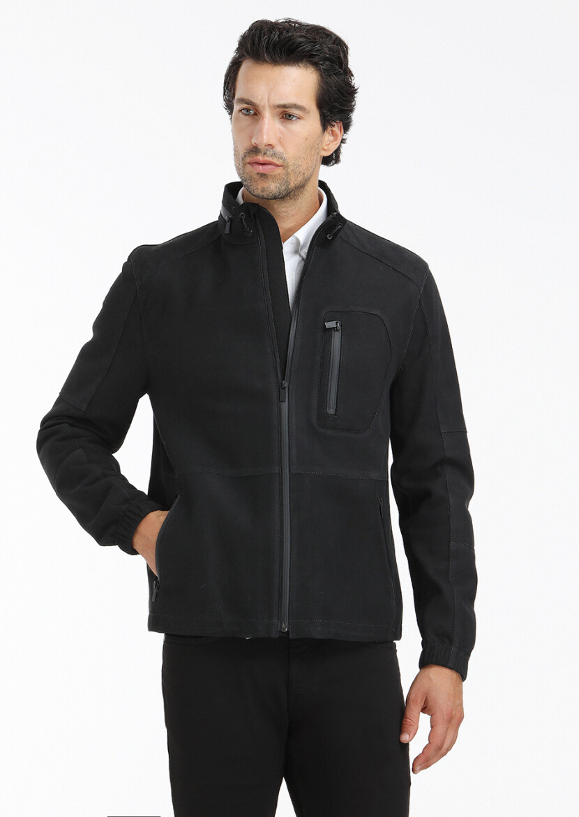 Siyah Regular Fit Dik Yaka Casual Süet Deri Mont - RAMSEY