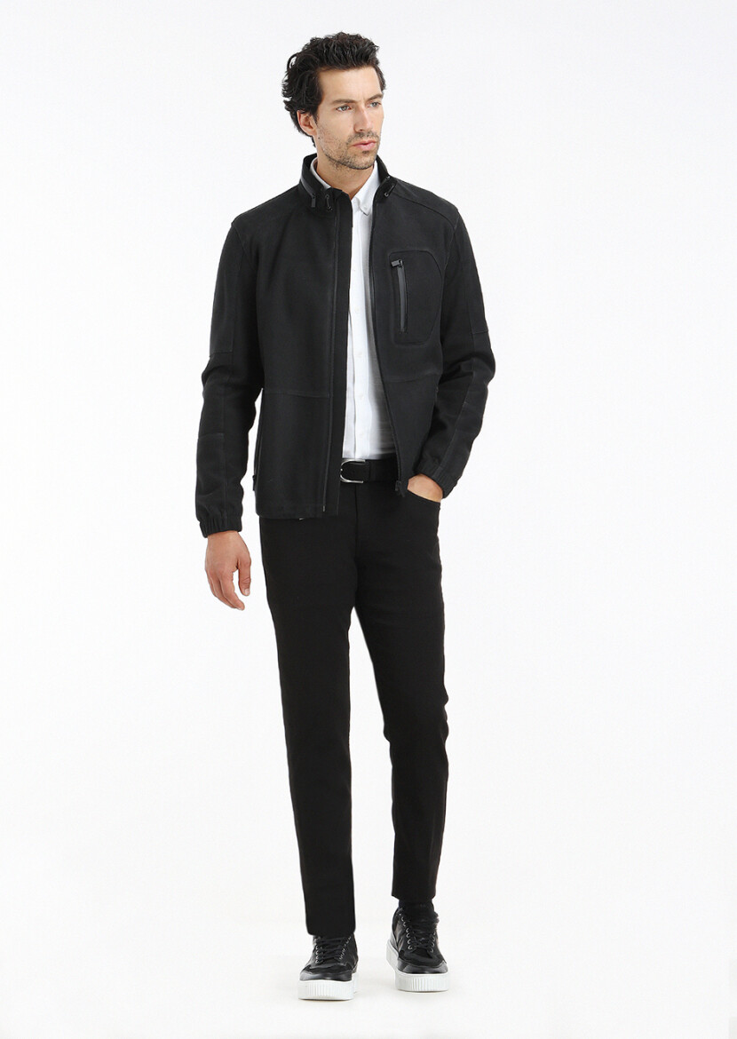 Siyah Regular Fit Dik Yaka Casual Süet Deri Mont - RAMSEY