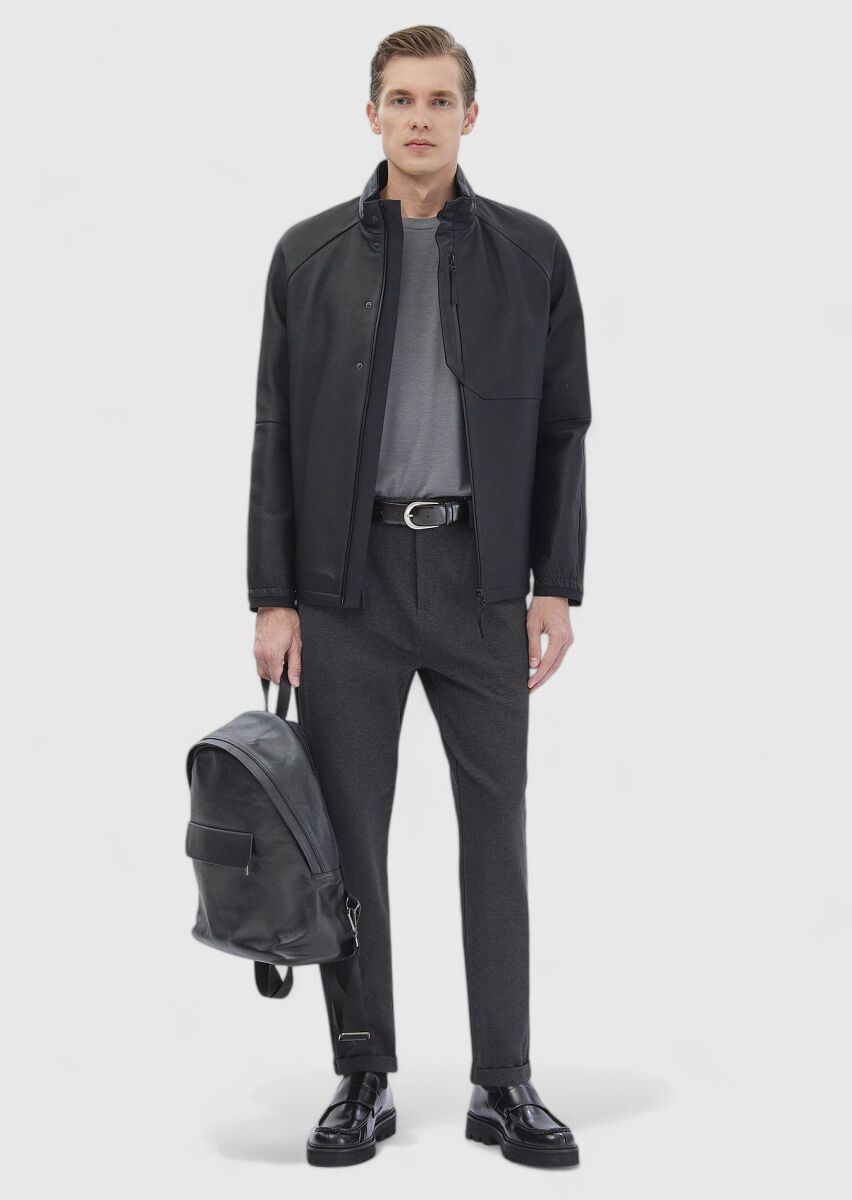 Siyah Regular Fit Dik Yaka Casual Süet Deri Mont - 2