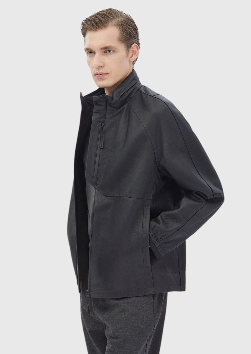 Siyah Regular Fit Dik Yaka Casual Süet Deri Mont - 3