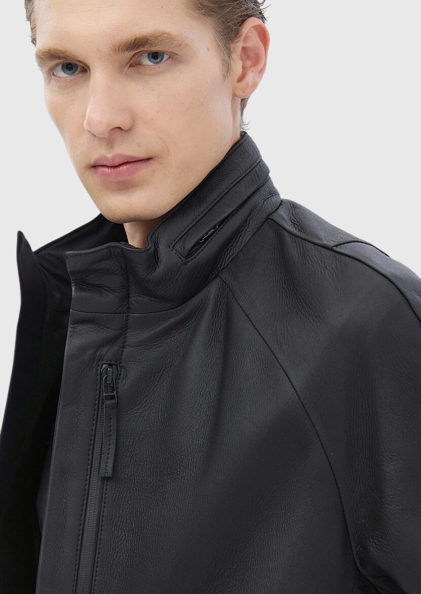 Siyah Regular Fit Dik Yaka Casual Süet Deri Mont - 5