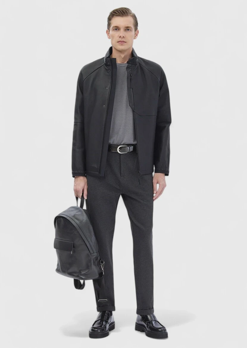 Siyah Regular Fit Dik Yaka Casual Süet Deri Mont - RAMSEY