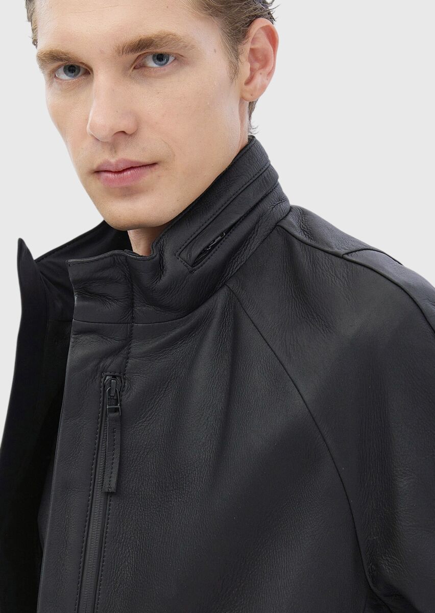 Siyah Regular Fit Dik Yaka Casual Süet Deri Mont - 5