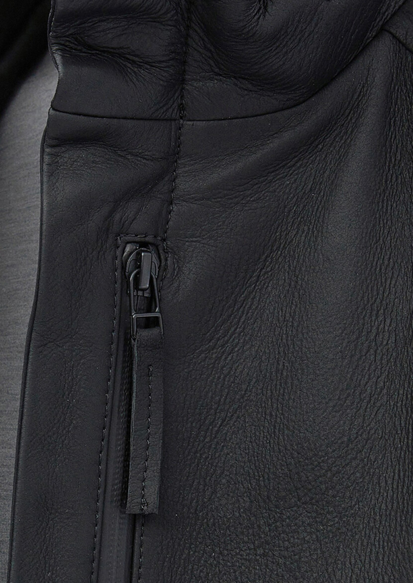 Siyah Regular Fit Dik Yaka Casual Süet Deri Mont - 6