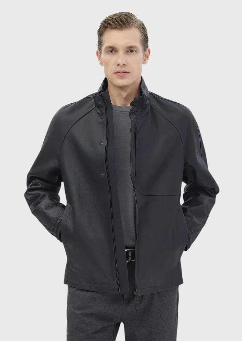 Siyah Regular Fit Dik Yaka Casual Süet Deri Mont - 1