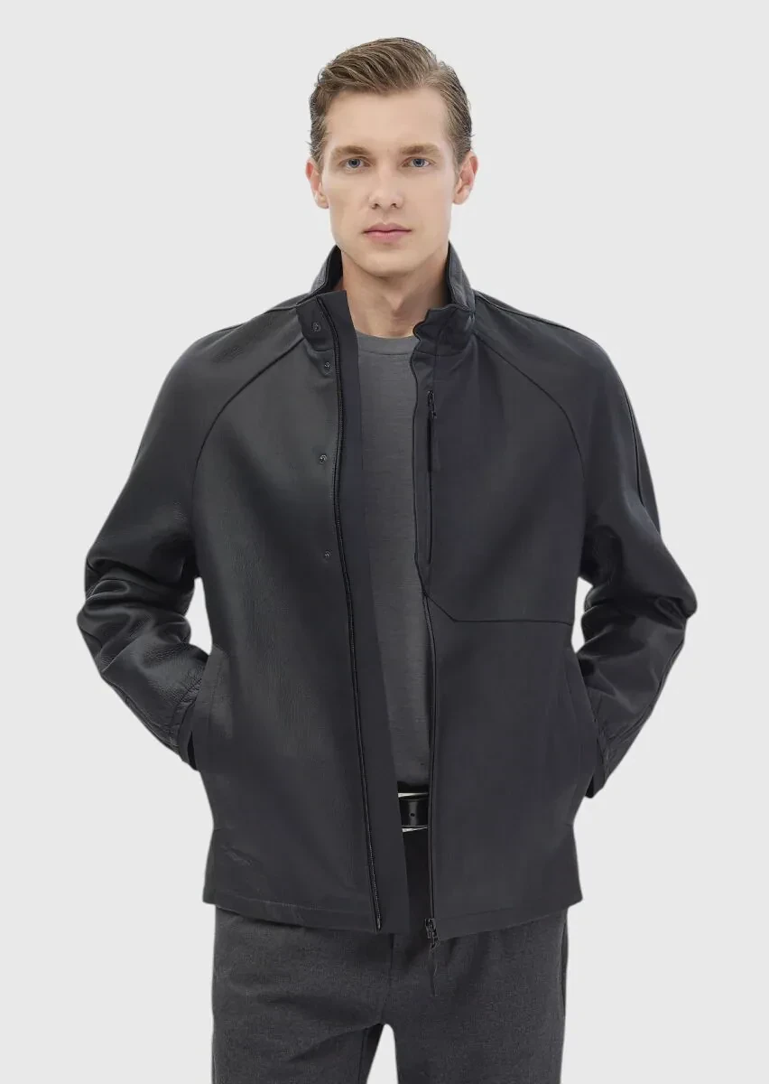 Siyah Regular Fit Dik Yaka Casual Süet Deri Mont - 1