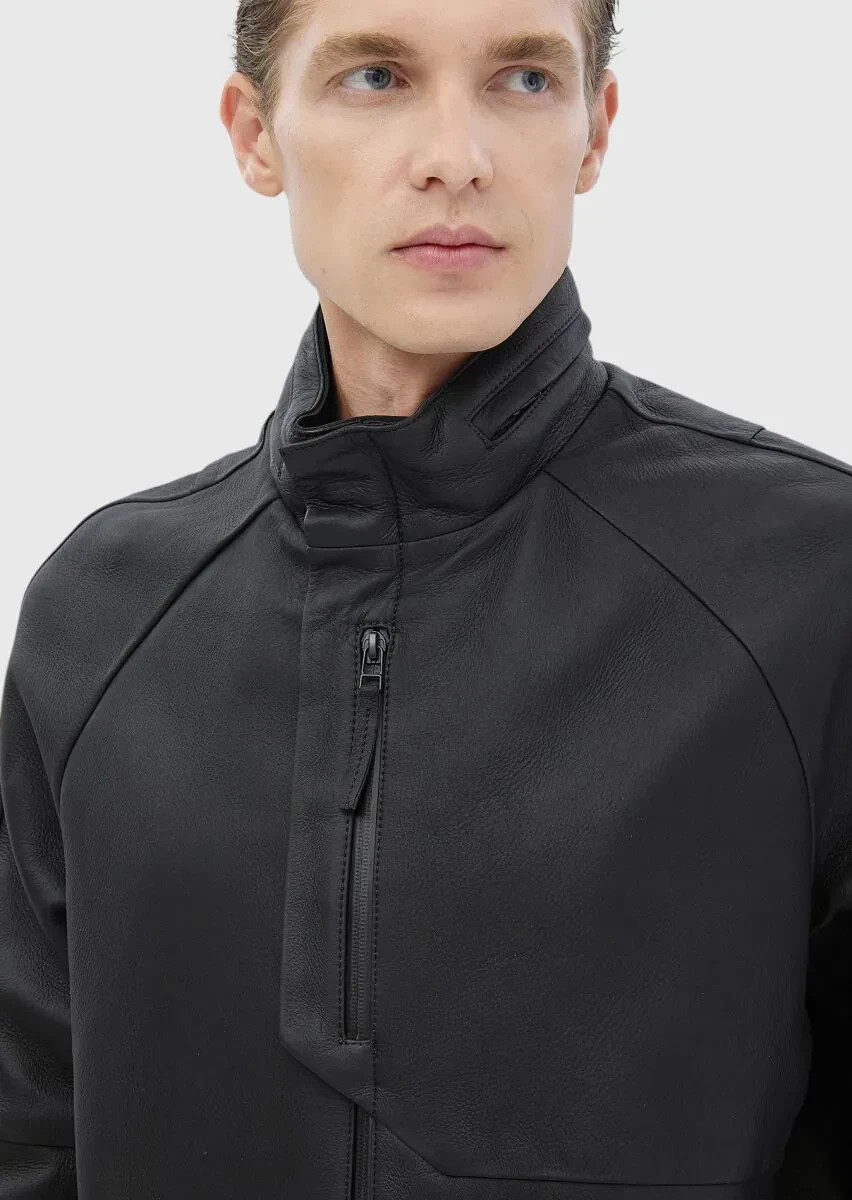 Siyah Regular Fit Dik Yaka Casual Süet Deri Mont - 4