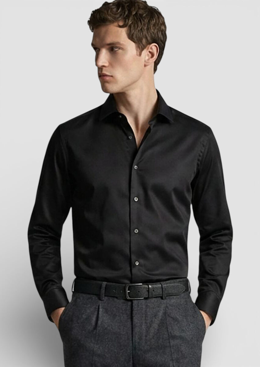 Siyah Regular Fit Dokuma Klasik %100 Pamuk Gömlek - 3