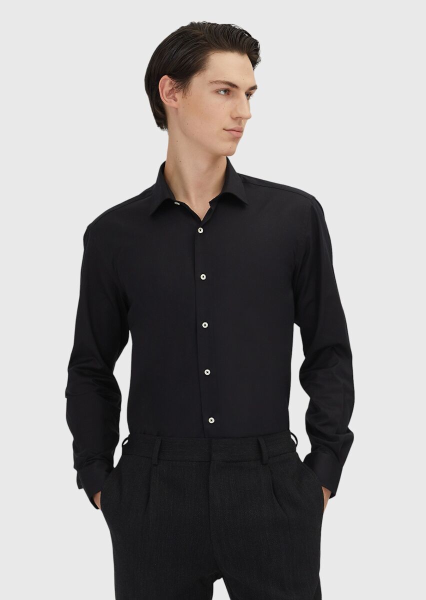 Siyah Regular Fit Dokuma Klasik %100 Pamuk Gömlek - 1