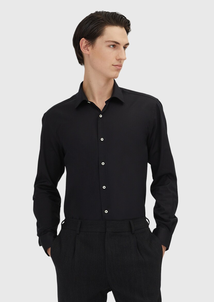 Siyah Regular Fit Dokuma Klasik %100 Pamuk Gömlek - 1