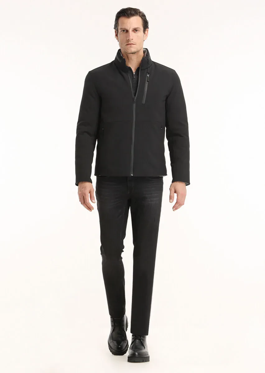 Siyah Regular Fit Gizli Kapüşon Casual Dokuma Çift Taraflı Şişme Mont - 1