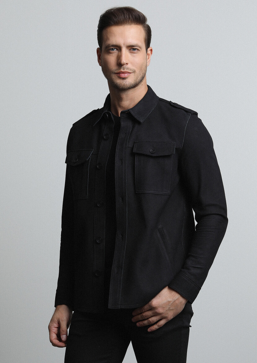 Siyah Regular Fit Gömlek Yaka Casual Deri Deri Mont - 3