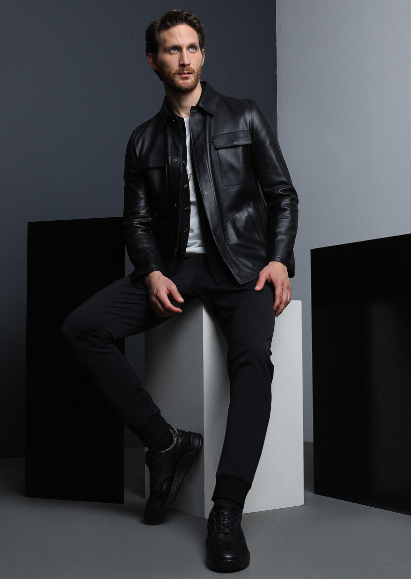 Siyah Regular Fit Gömlek Yaka Casual Deri Deri Mont - RAMSEY