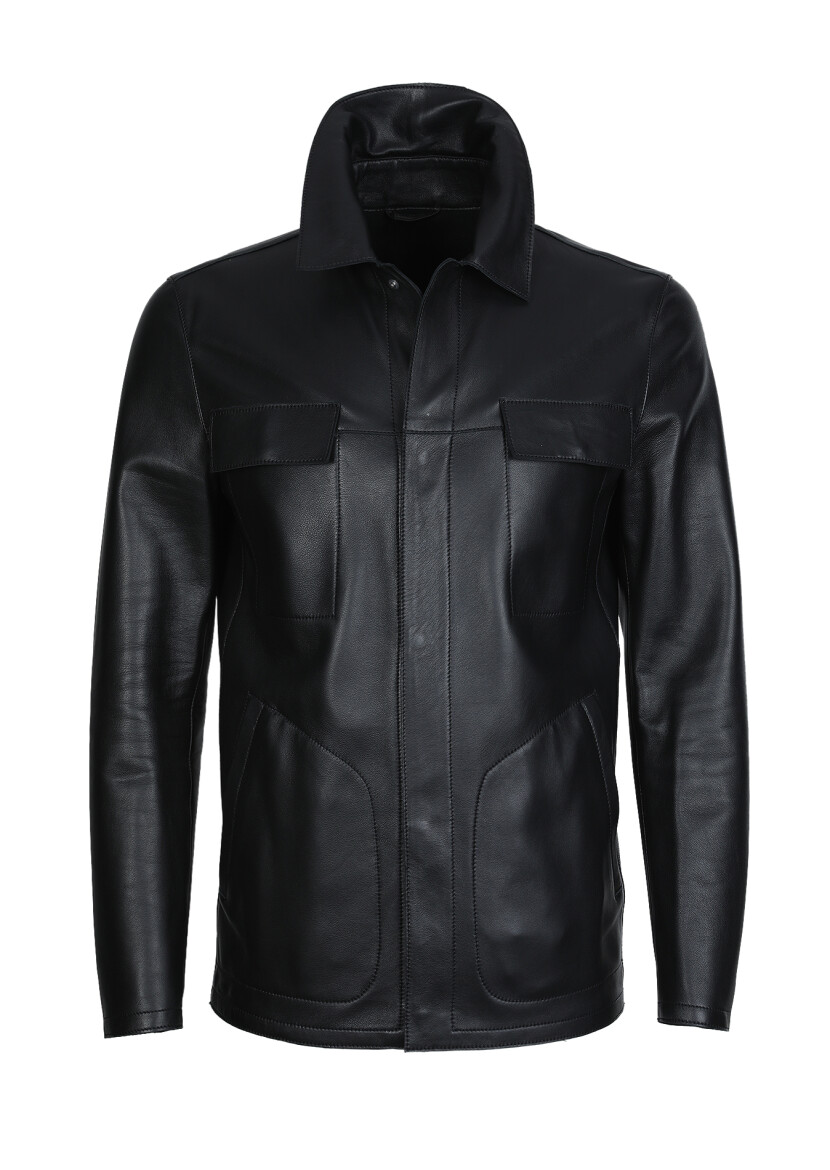 Siyah Regular Fit Gömlek Yaka Casual Deri Deri Mont - 6