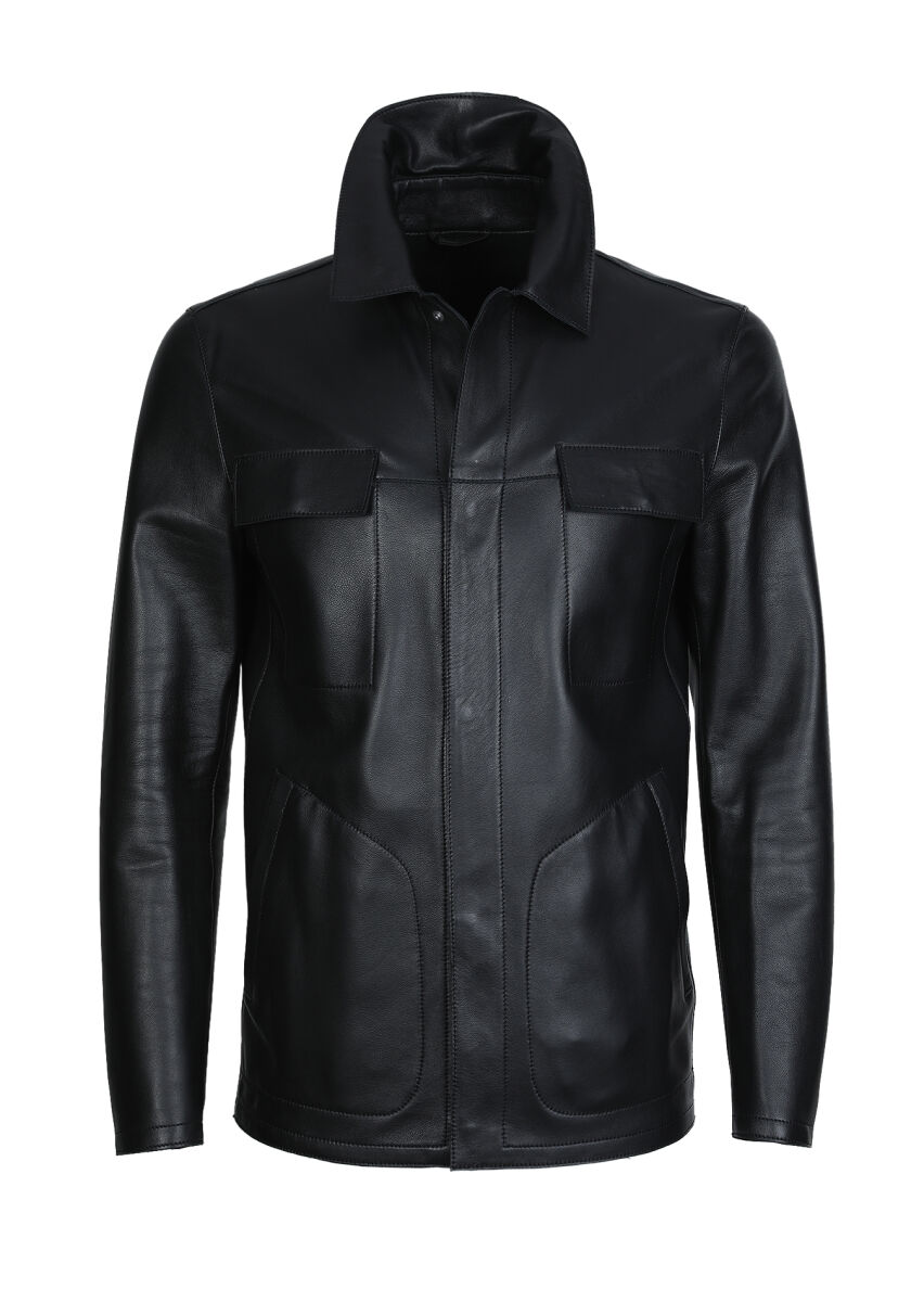 Siyah Regular Fit Gömlek Yaka Casual Deri Deri Mont - 6