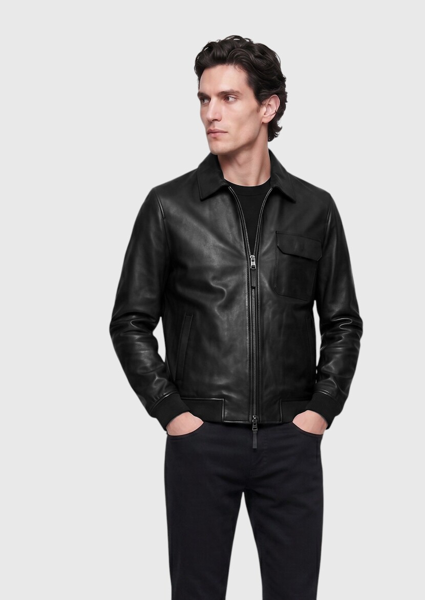 Siyah Regular Fit Gömlek Yaka Casual Deri Deri Mont - 1