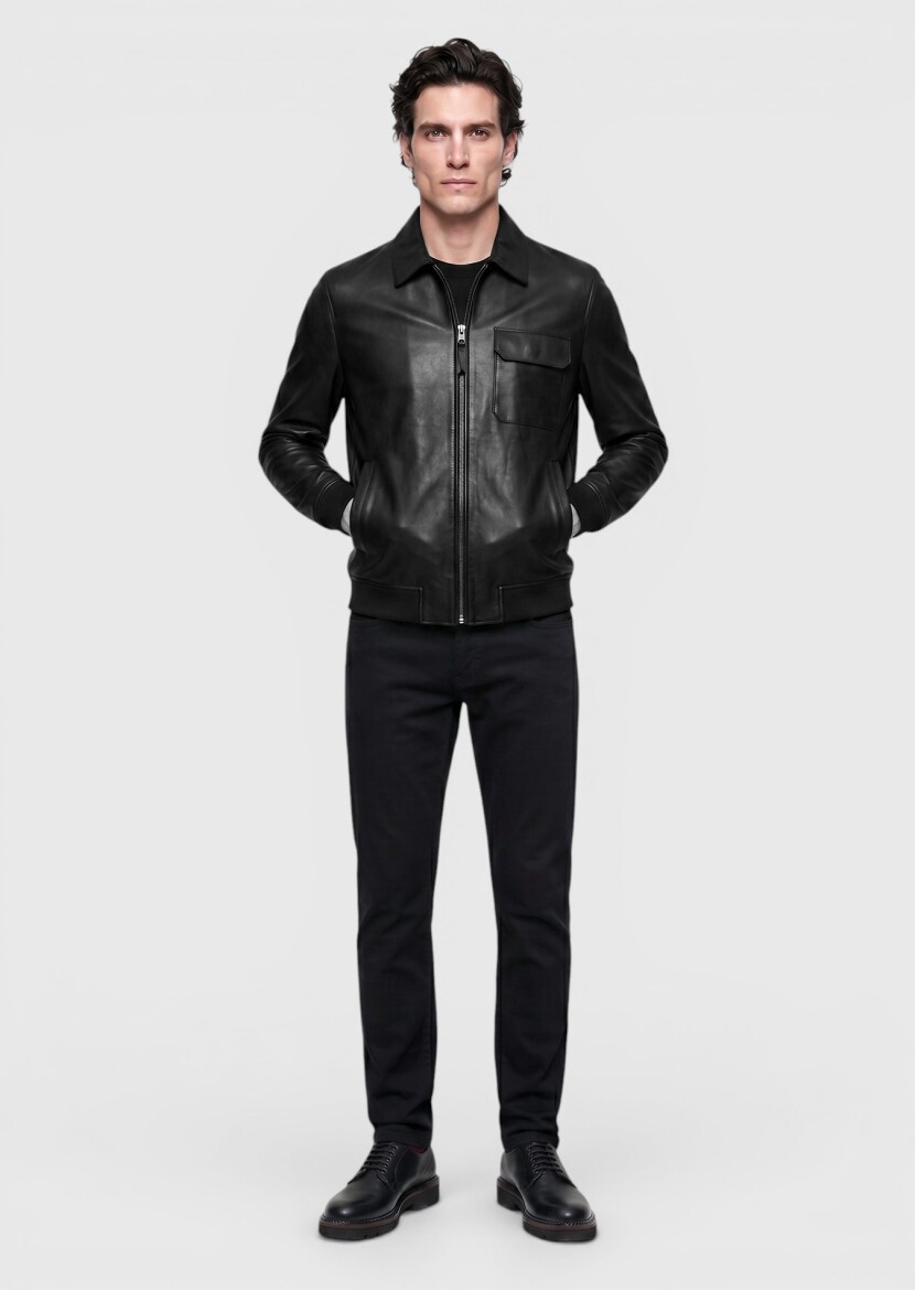 Siyah Regular Fit Gömlek Yaka Casual Deri Deri Mont 