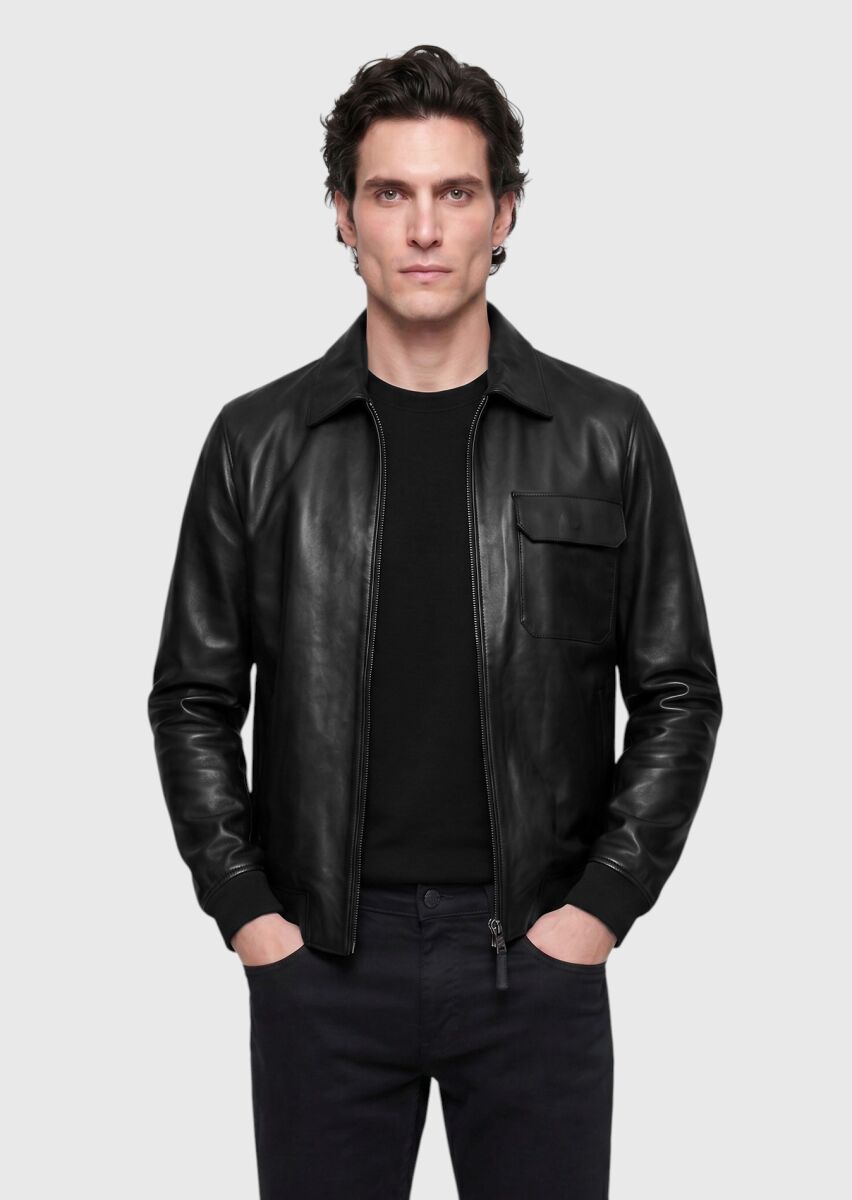 Siyah Regular Fit Gömlek Yaka Casual Deri Deri Mont - 3