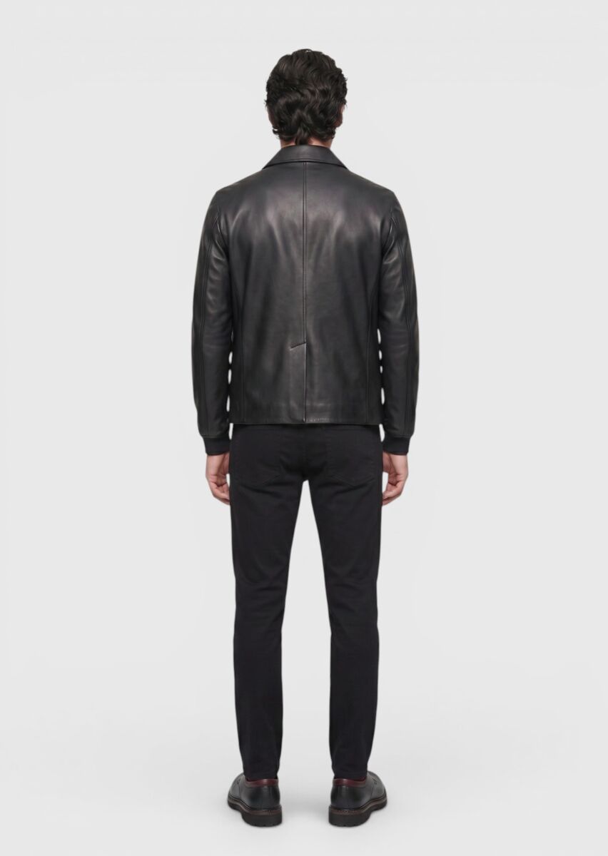 Siyah Regular Fit Gömlek Yaka Casual Deri Deri Mont - 4