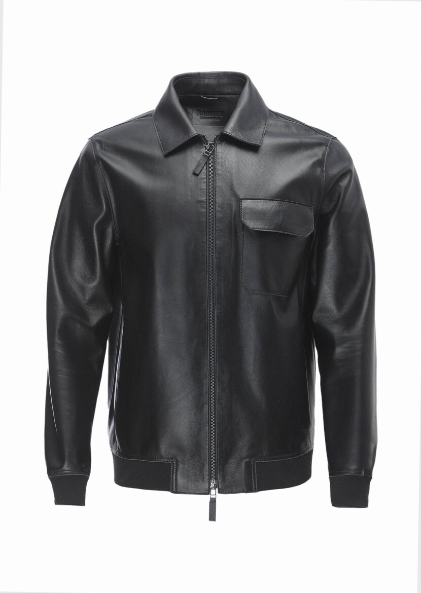 Siyah Regular Fit Gömlek Yaka Casual Deri Deri Mont - 5