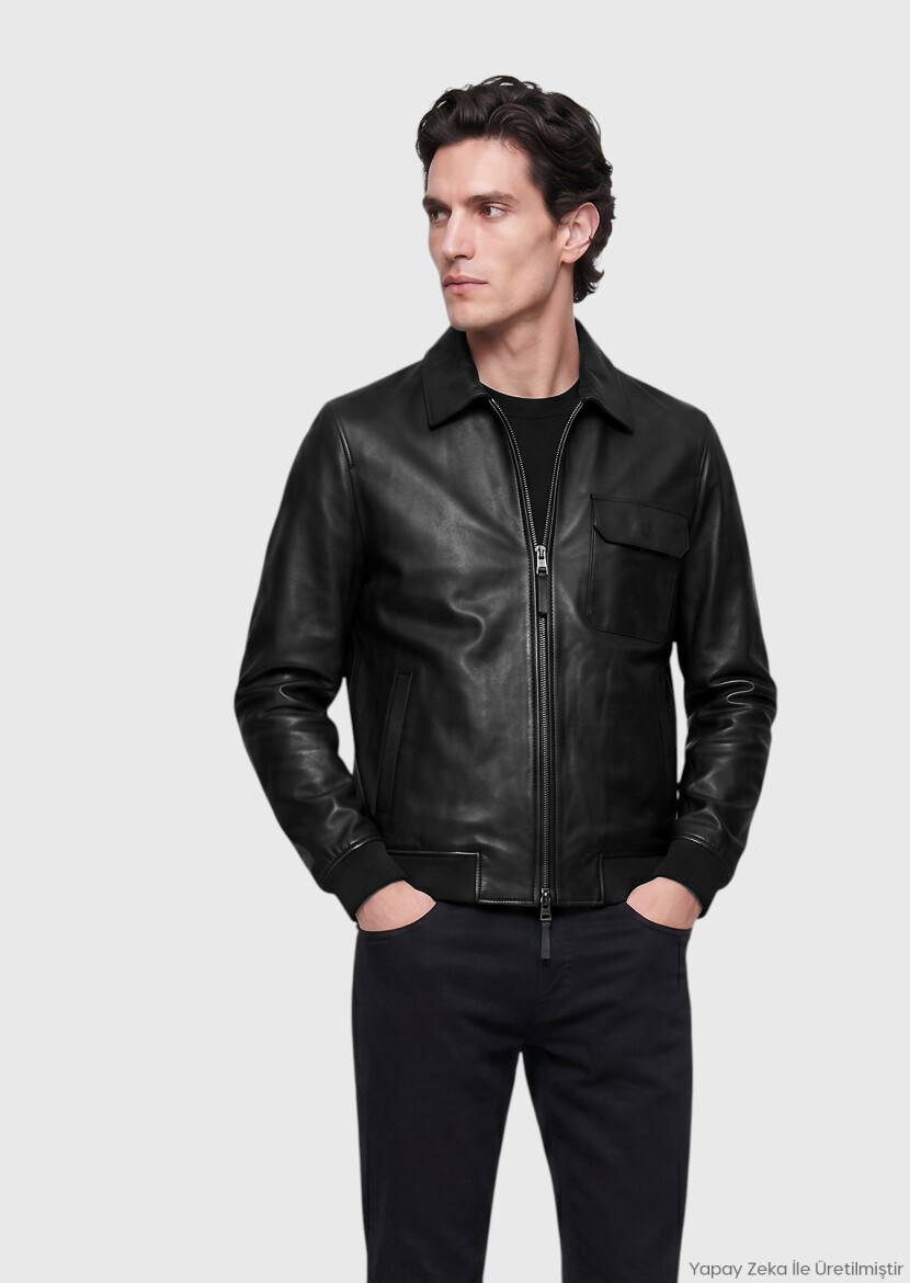 Siyah Regular Fit Gömlek Yaka Casual Deri Deri Mont 