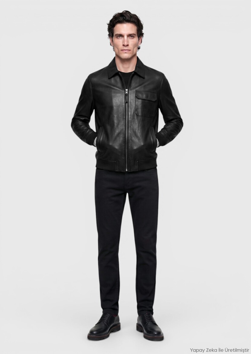 Siyah Regular Fit Gömlek Yaka Casual Deri Deri Mont - RAMSEY