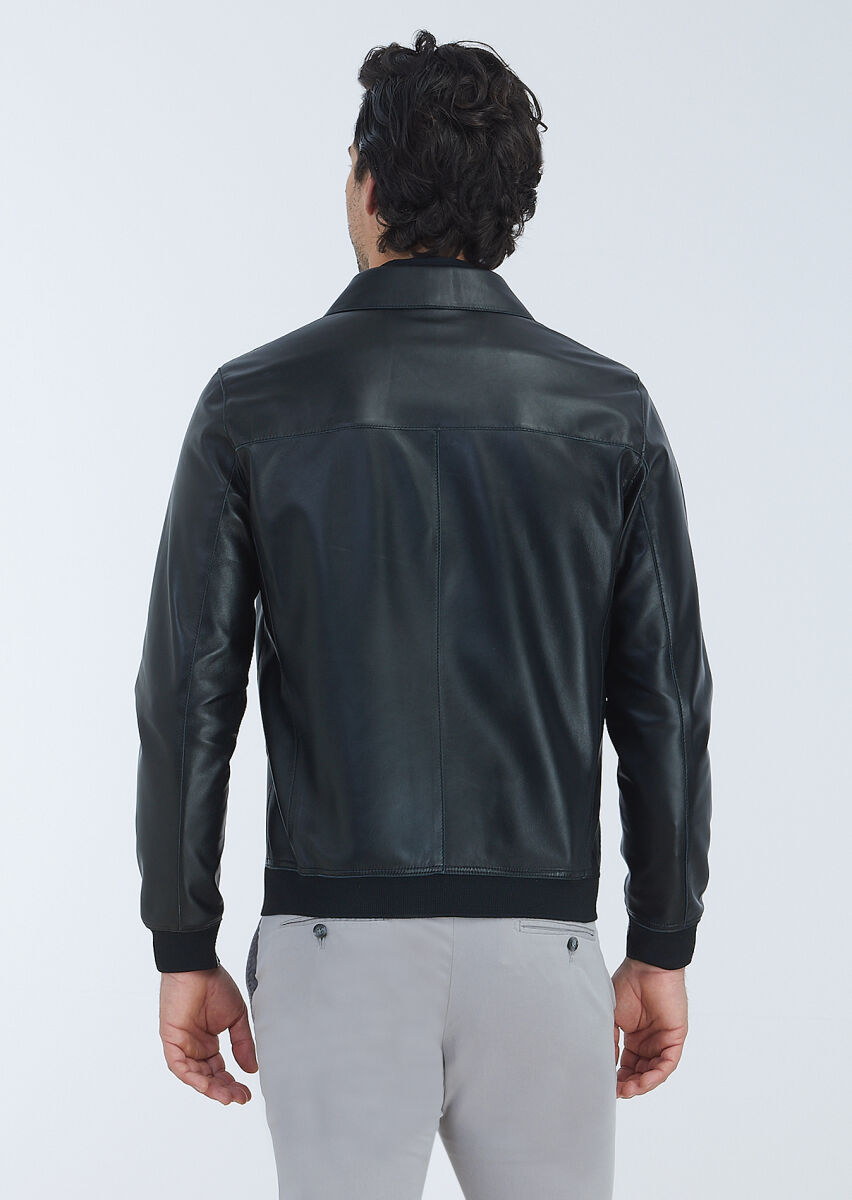 Siyah Regular Fit Gömlek Yaka Casual Deri Deri Mont - 5