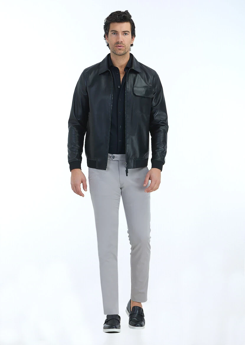 Siyah Regular Fit Gömlek Yaka Casual Deri Deri Mont - 1