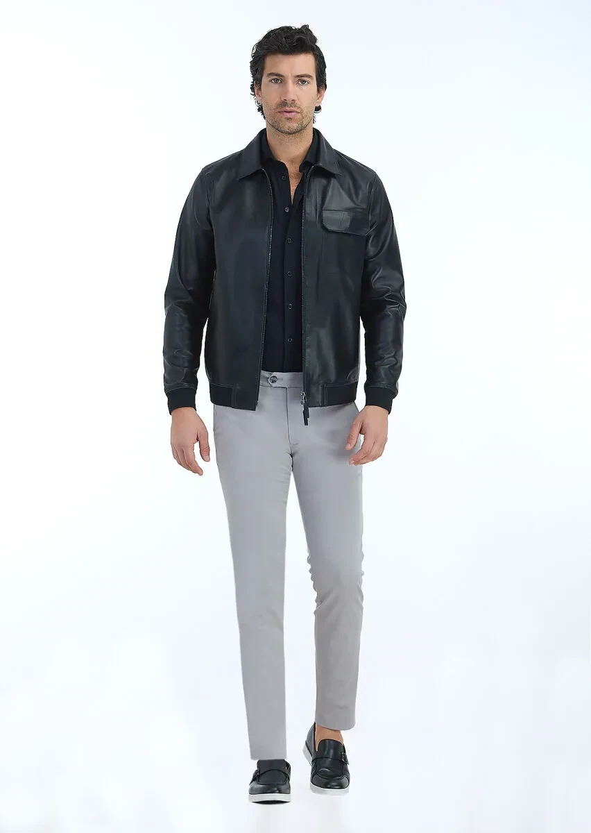 Siyah Regular Fit Gömlek Yaka Casual Deri Deri Mont - 1