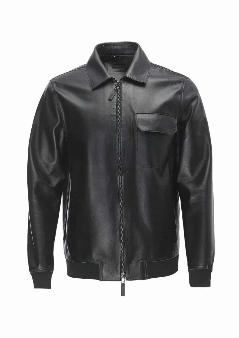 Siyah Regular Fit Gömlek Yaka Casual Deri Deri Mont - 6