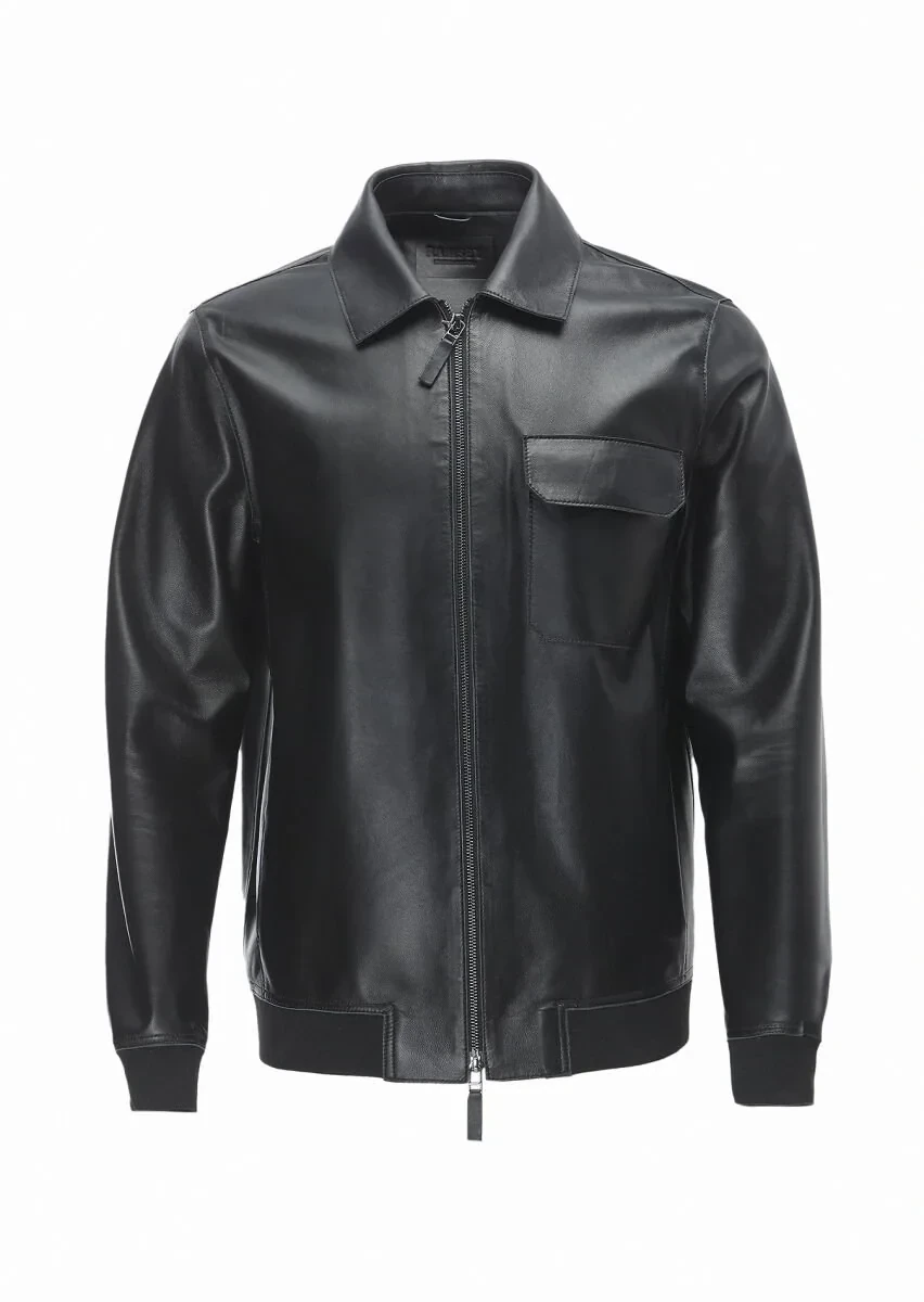 Siyah Regular Fit Gömlek Yaka Casual Deri Deri Mont - 6