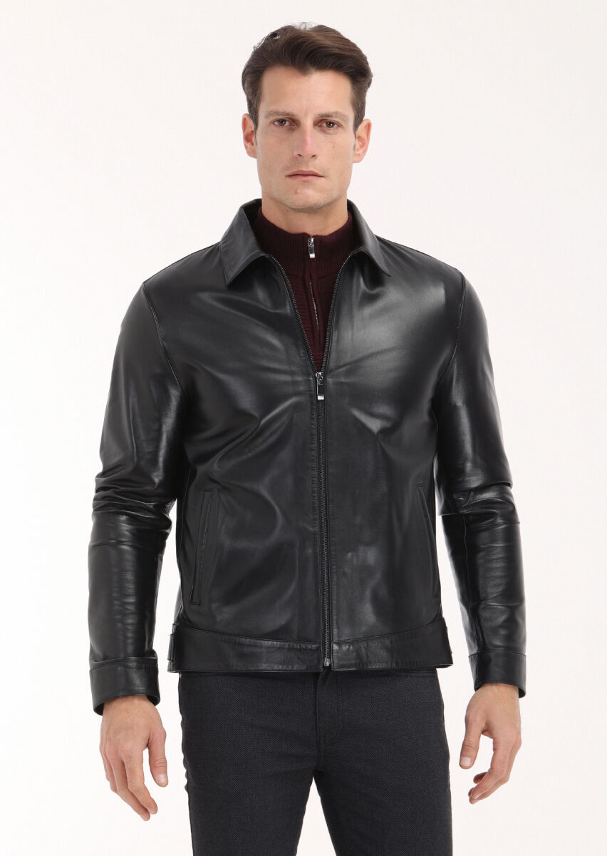 Siyah Regular Fit Gömlek Yaka Casual Deri Deri Mont - 2