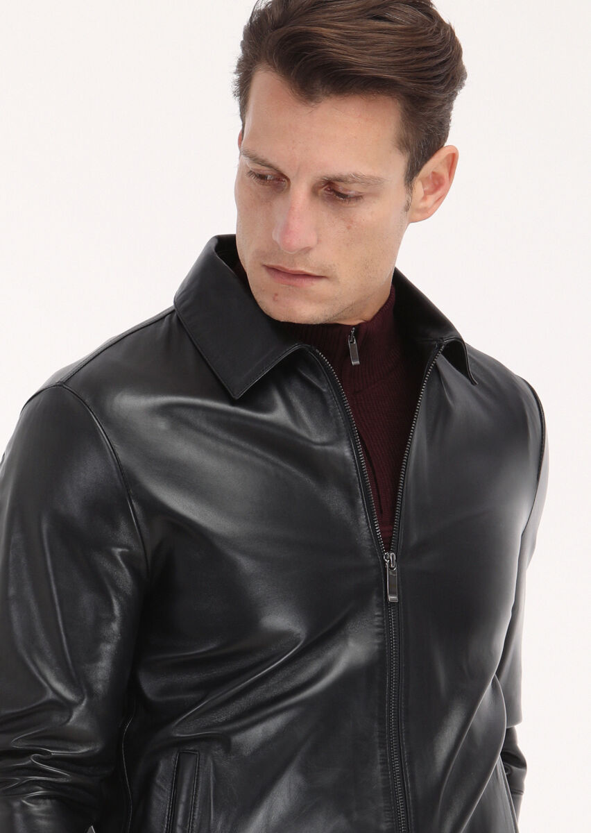 Siyah Regular Fit Gömlek Yaka Casual Deri Deri Mont - 3