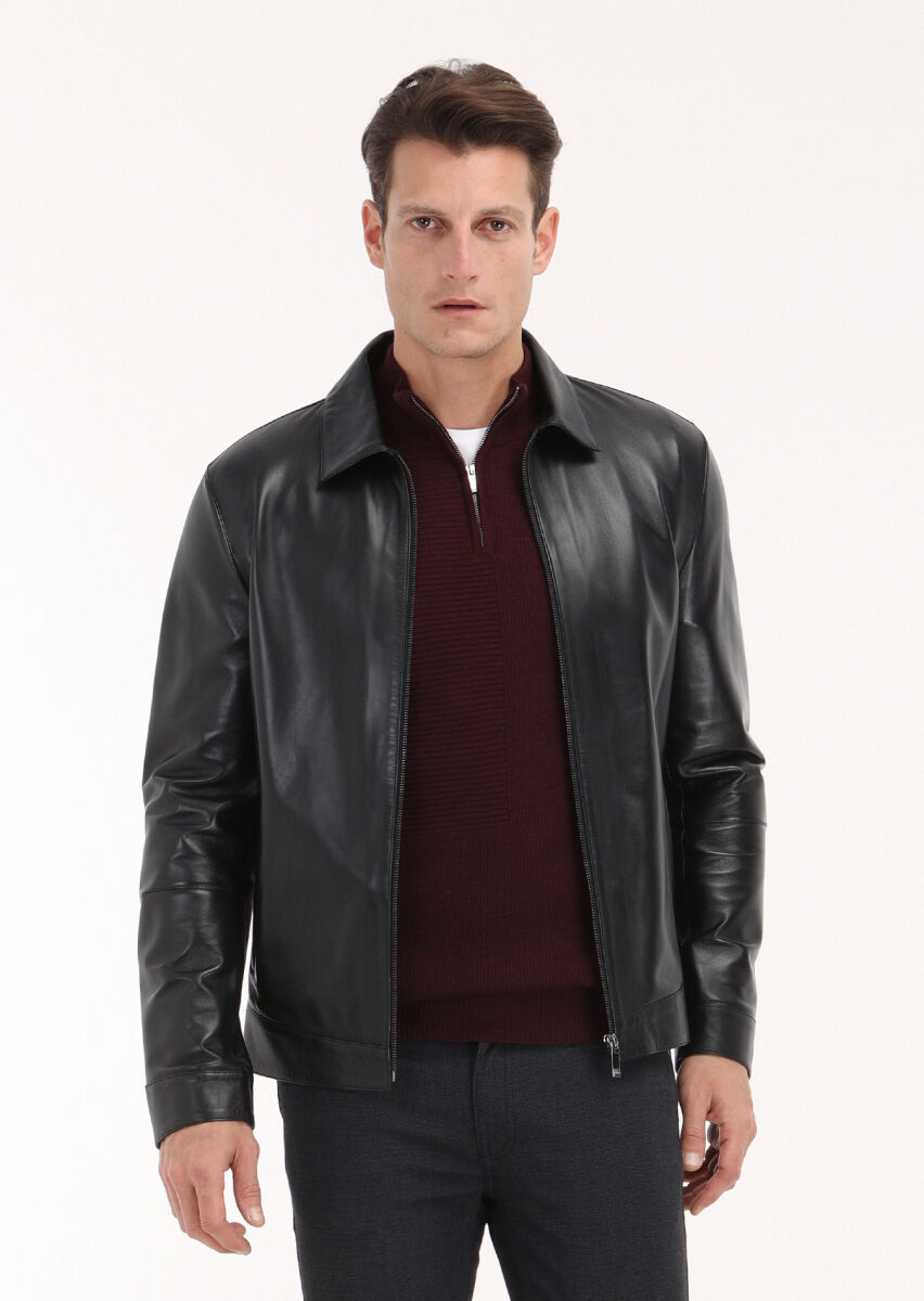 Siyah Regular Fit Gömlek Yaka Casual Deri Deri Mont - 4