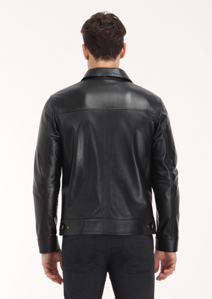 Siyah Regular Fit Gömlek Yaka Casual Deri Deri Mont - 5