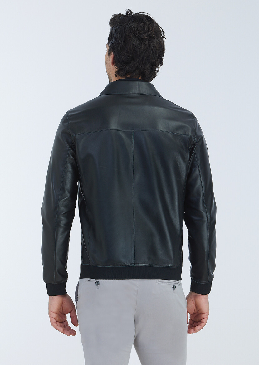 Siyah Regular Fit Gömlek Yaka Casual Deri Deri Mont - 5