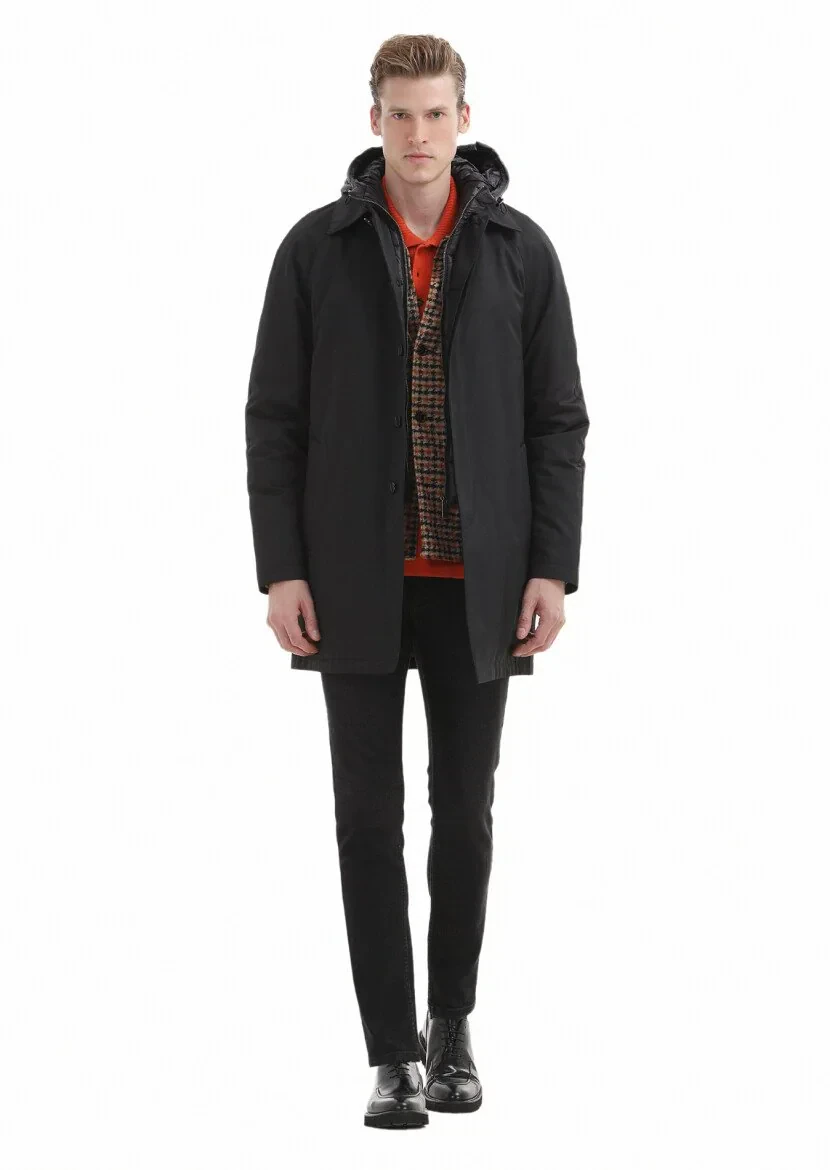 Siyah Regular Fit Gömlek Yaka Casual Dokuma Pardesü 