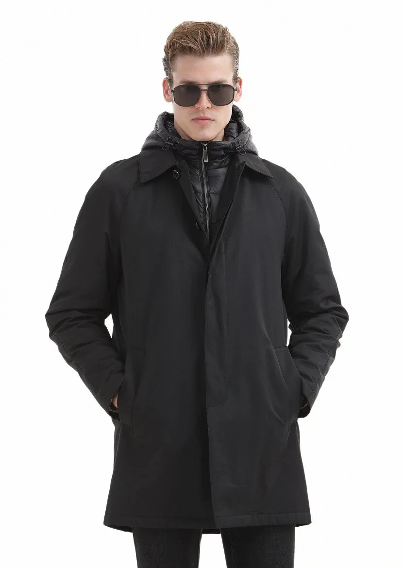 Siyah Regular Fit Gömlek Yaka Casual Dokuma Pardesü - 3