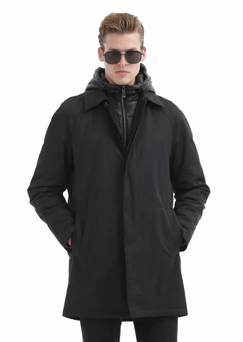 Siyah Regular Fit Gömlek Yaka Casual Dokuma Pardesü - 3