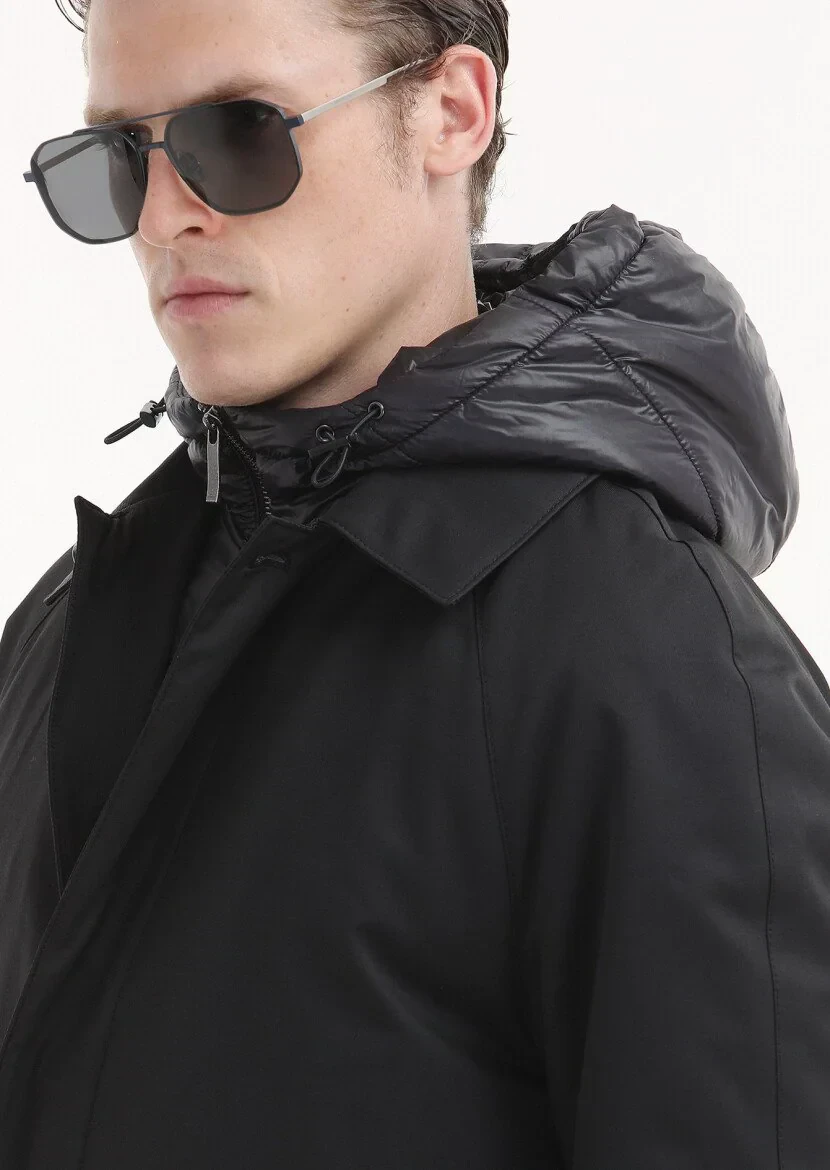 Siyah Regular Fit Gömlek Yaka Casual Dokuma Pardesü - 4