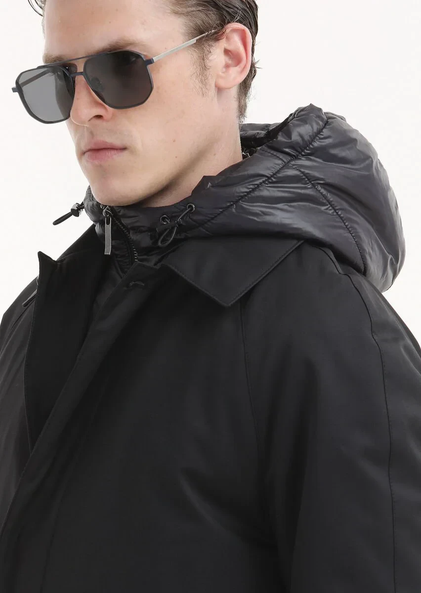 Siyah Regular Fit Gömlek Yaka Casual Dokuma Pardesü - 4