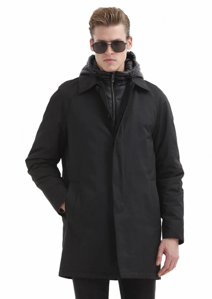 Siyah Regular Fit Gömlek Yaka Casual Dokuma Pardesü - 5