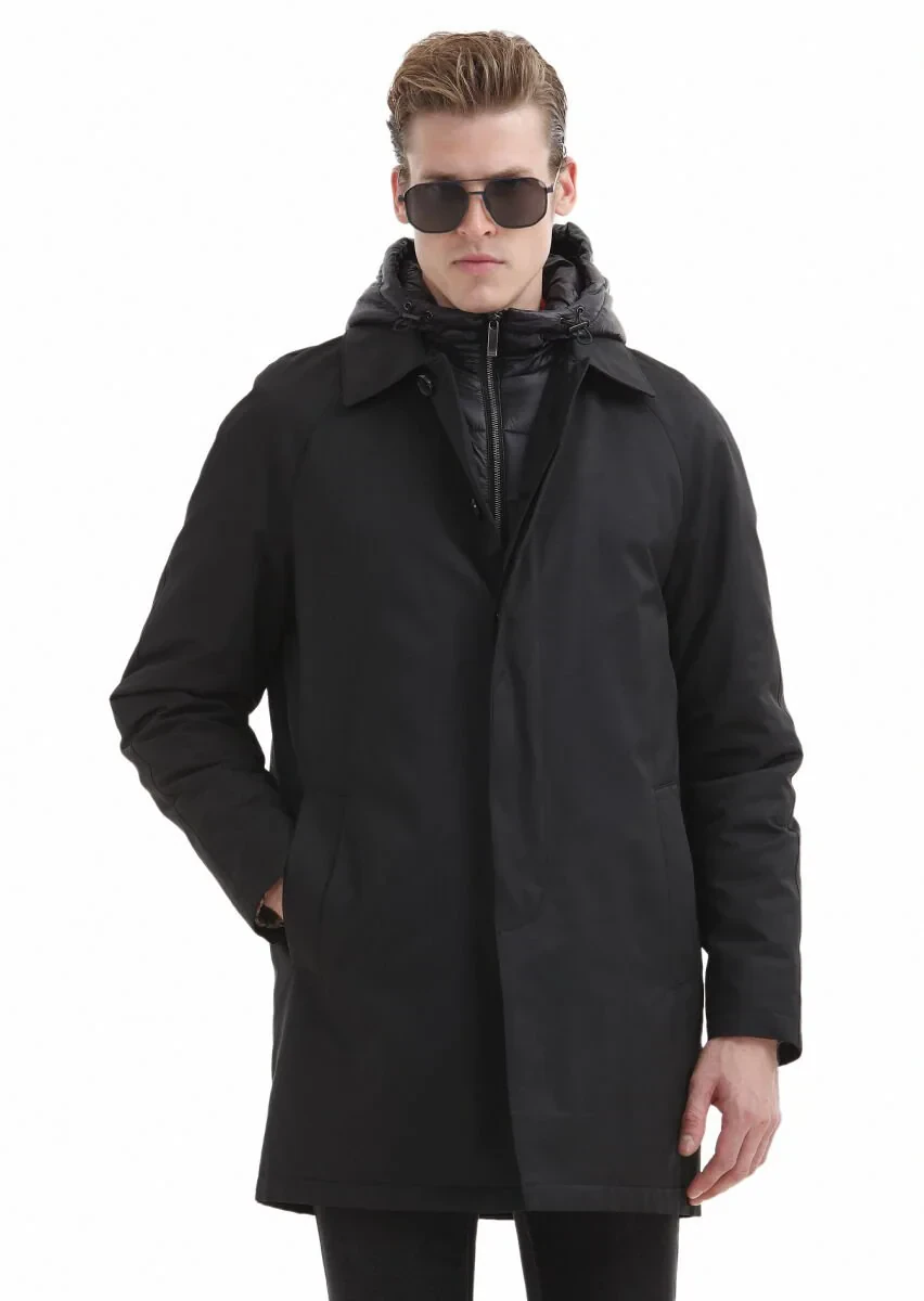 Siyah Regular Fit Gömlek Yaka Casual Dokuma Pardesü - 5