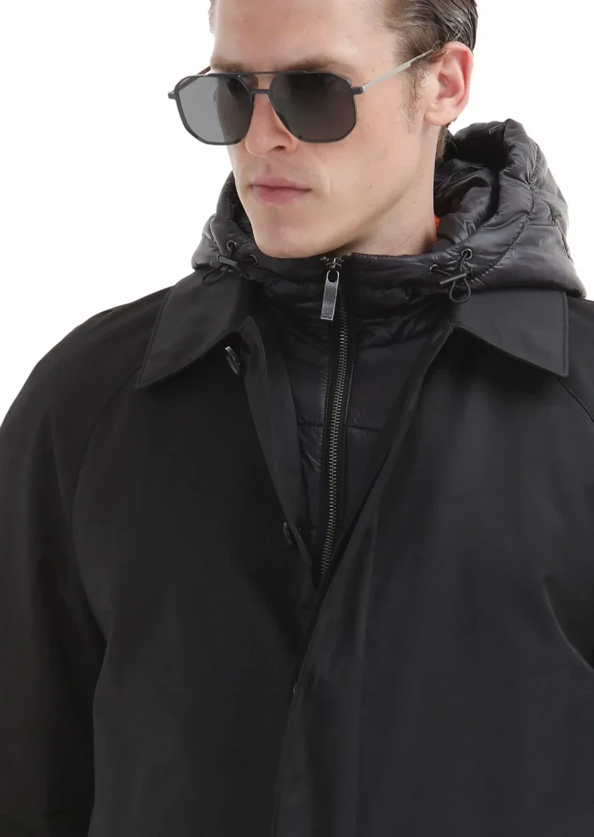 Siyah Regular Fit Gömlek Yaka Casual Dokuma Pardesü - 6