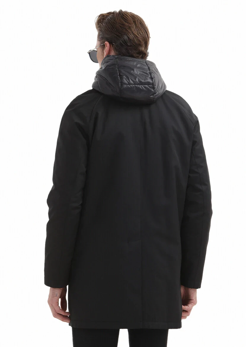 Siyah Regular Fit Gömlek Yaka Casual Dokuma Pardesü - 7