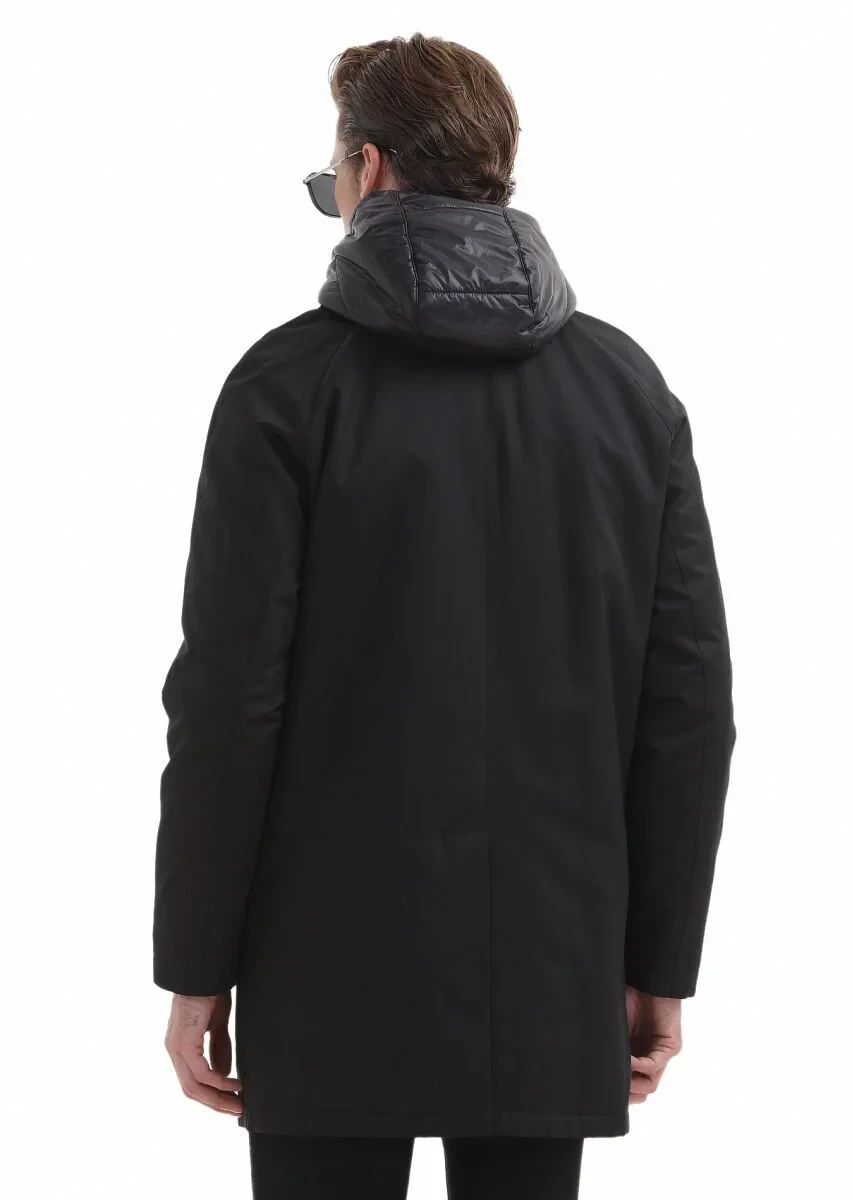 Siyah Regular Fit Gömlek Yaka Casual Dokuma Pardesü - 7