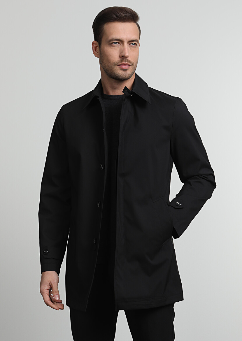 Siyah Regular Fit Gömlek Yaka Casual Dokuma Pardösü - 1