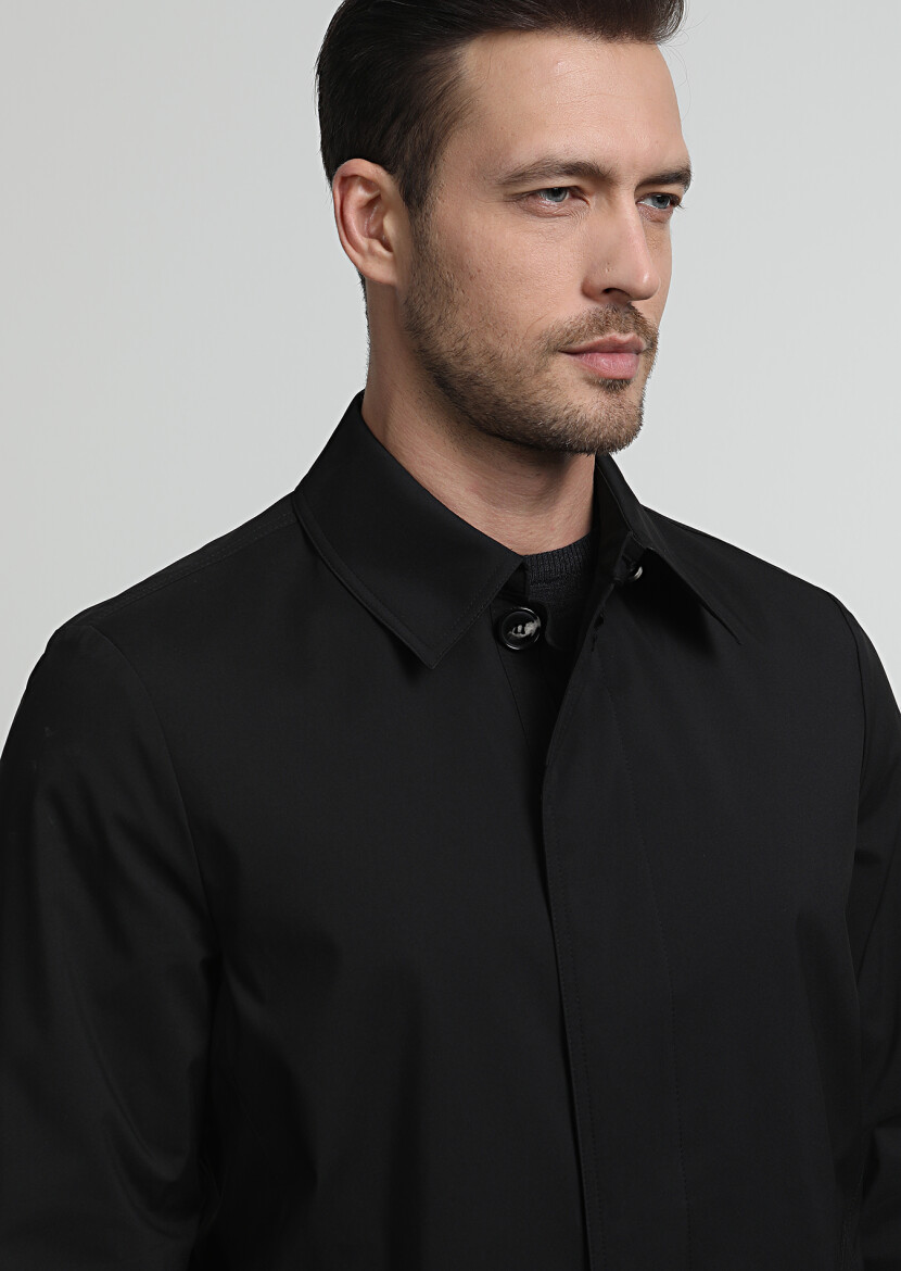 Siyah Regular Fit Gömlek Yaka Casual Dokuma Pardösü - 2