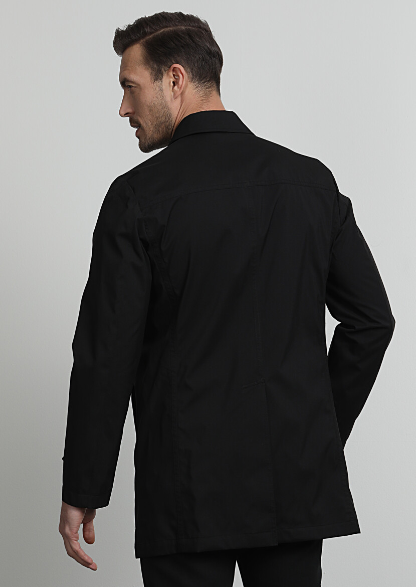 Siyah Regular Fit Gömlek Yaka Casual Dokuma Pardösü - 4
