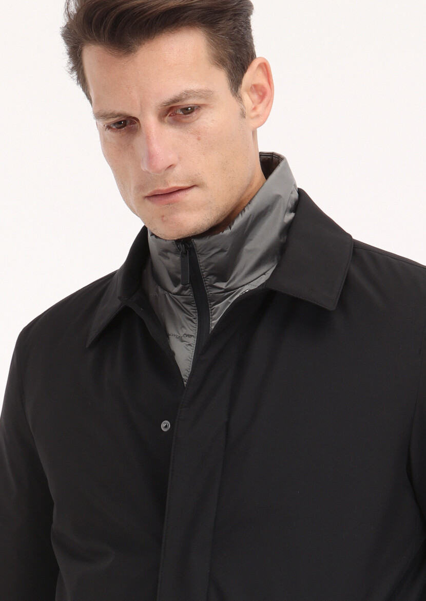 Siyah Regular Fit Gömlek Yaka Casual Dokuma Pardösü - 4